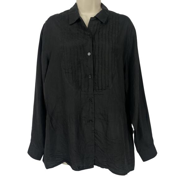 Newport News Tops - Newport News 100% Silk Button Up Shirt Womens 8 Black Pleated Tuxedo Minimalist